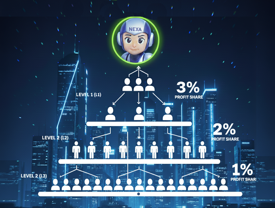NEXA Multi-Level Marketing System - Level 1 (3% Profit Share), Level 2 (2% Profit Share), Level 3 (1% Profit Share)